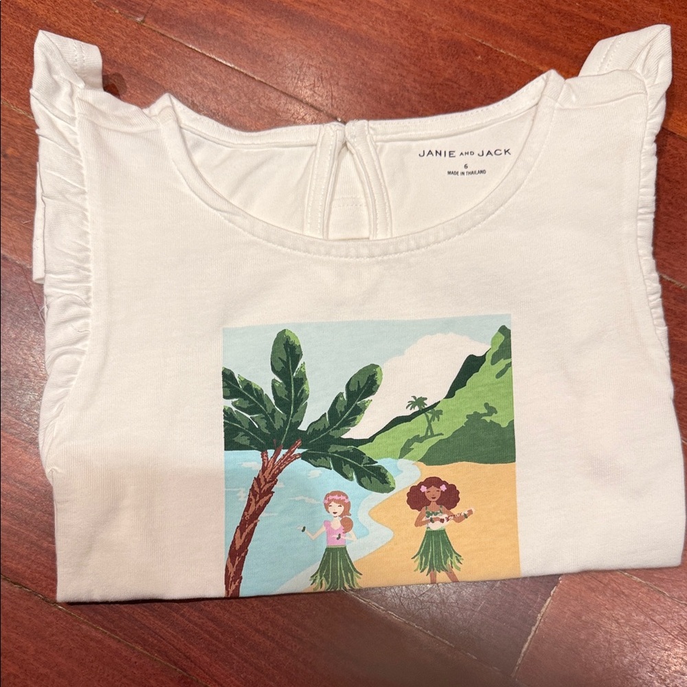 Janie and Jack White Girls Luau Hula Graphic Ruffle Sleeve Tee
